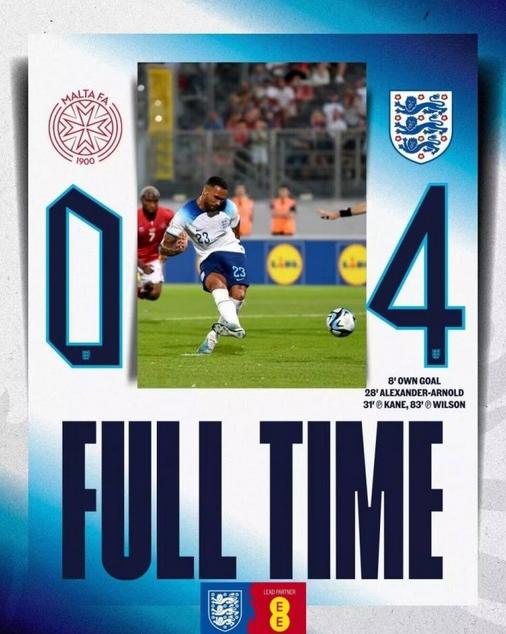 英格兰客场4-0横扫马耳他，凯恩和阿诺德献世界波，欧洲杯预选赛三连胜