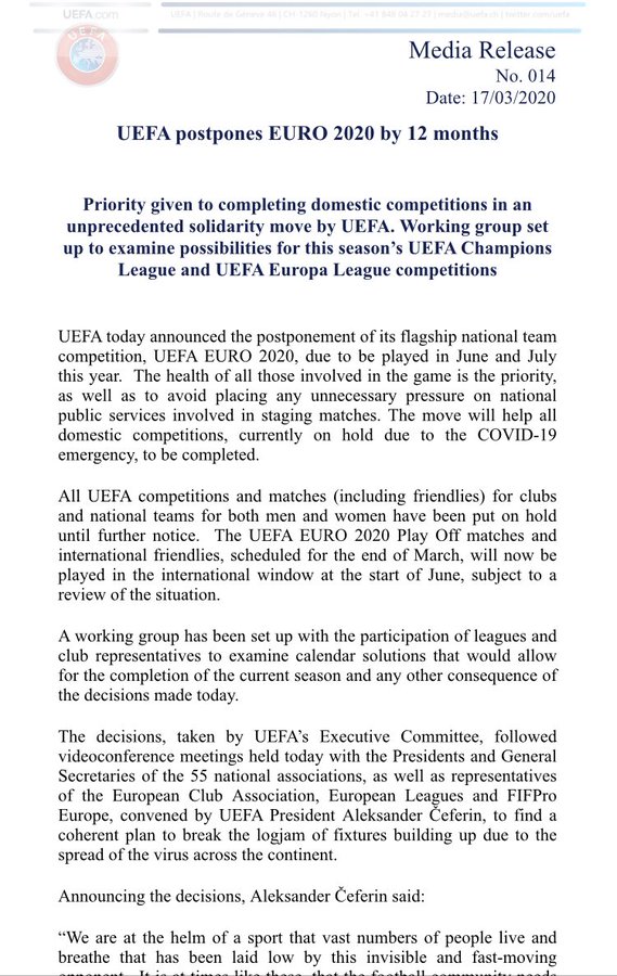 欧足联官方宣布欧洲杯推迟一年进行